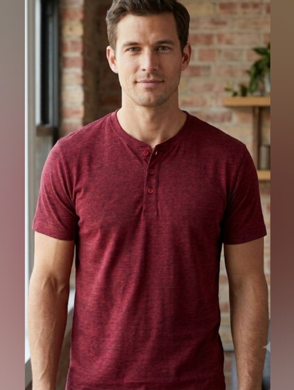 Abound Men's Short-Sleeve Henley in Burgundy Heather